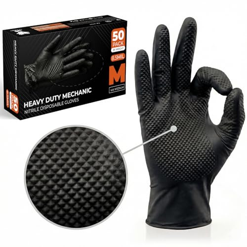 The Real Touch Nitrilhandskar, storlek M, 50 stycken, extra starka mekaniska engångshandskar, diamanttextur, latexfria och puderfria, perfekt för bilar, verkstad och industriarbete (svart – 50, M)