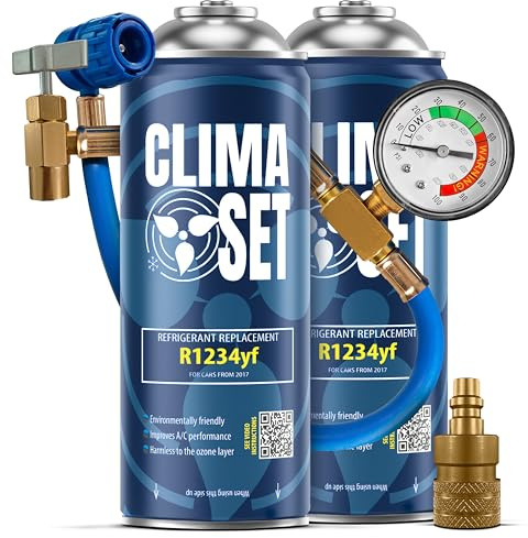ClimaSet - 2 recargas de Aire Acondicionado R 1234yf, Manguera y Adaptador - Kit de Recarga de Gas para Aire Acondicionado para Automóviles - 340 g