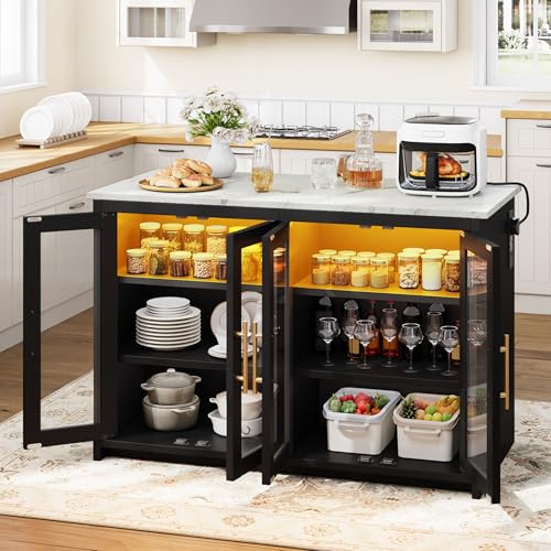 YITAHOME kücheninsel mit arbeitsplatte, Steckdose und LED-Beleuchtung, Frühstückstisch mit Sitzgelegenheit, Doppelschrank mit Acryl-Fronten, dreistufiger Verstellbarer Schrank, Marmoroptik