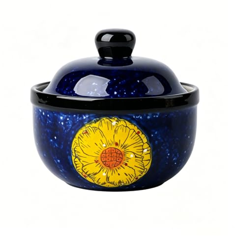 LUPATDY Mini cocotte avec couvercle 330 ml en céramique peinte à la main, bols polyvalents pour soupe, dessert, œufs, crème brûlée, soufflé, petit plat à gratin, passe au micro-ondes et au four (bleu)