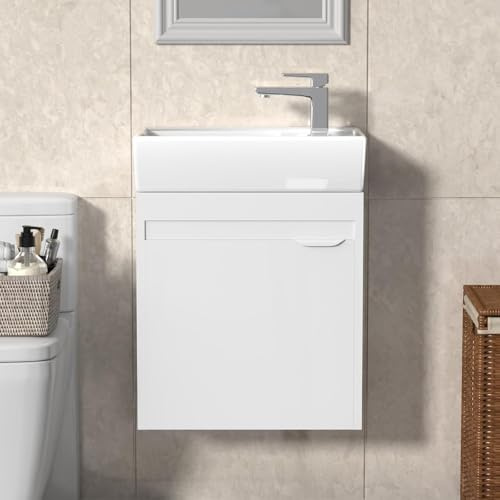 GOFEI Waschbecken mit Unterschrank 40 cm – Gäste WC Waschbecken mit Unterschrank, Wandmontage, Platzsparender Waschtisch mit Tür für kleines Bad, Weiß, Vormontiert & Modernes Design