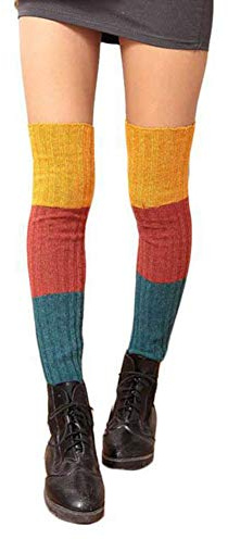 FHEDE Damen Mädchen Drei-Farbe Extra Lang Basic Leg Warmer Gestrickte Over-Knee Lange Stulpe Beinstulpe Tanzen Strumpf