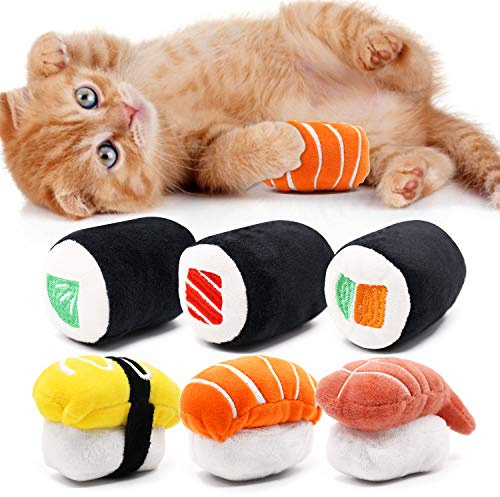CiyvoLyeen 6-pack sushi kattleksaker med kattmynta sushirulle kudde kattunge tuggbittillbehör tristess lindring fluffig kattunge tänder rengöring tugga kattälskare interaktiv plysch