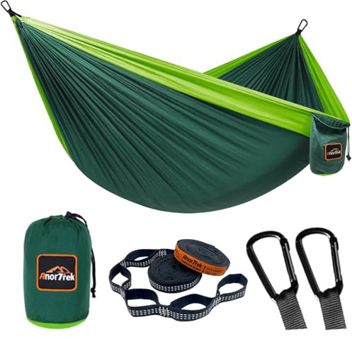 AnorTrek Campinghängmatta, superlätt och portabel fallskärmshängmatta med två trädremmar, enkel eller dubbel nylonhängmatta för camping, vandring och backpacking