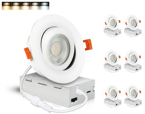 CLOUDY BAY Eyeball 4 inch 5 Color Gimbal LED Recessed Light with Junction Box, 9.5W CRI90+ 2700K/3000K/3500K/4000K/5000K Selectable,Dimmable, Canless Recessed Spotlights, Damp Rated, White,Pack of 6