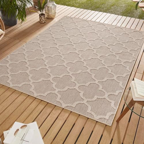 SIMPEX In & Outdoor Bouclé Teppich wetterfest Beige 140x200 cm Skandinavisches Design 3D Hoch Tief Effekt geeignet für Küche Wohnzimmer oder Terrasse