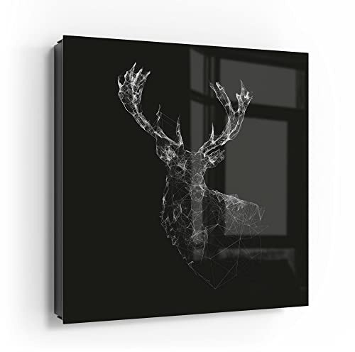 DEQORI Schlüsselkasten schwarz | 30x30 cm | Motiv Digitalisierter Hirsch | Glas & Metall Schlüssel-Box | Schlüsselschrank mit 50 Haken + 2 Magnete | Moderne Box magnetisch & beschreibbar