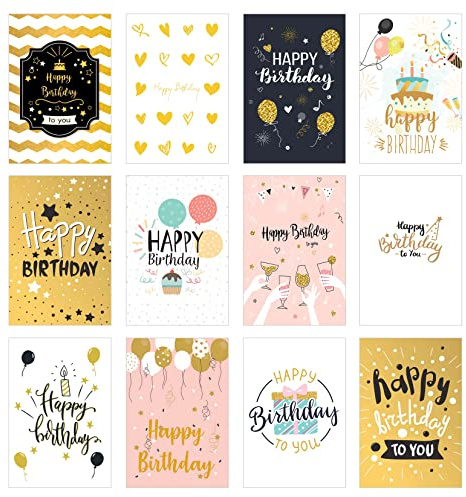 Edition Seidel Lot de 12 cartes d'anniversaire de qualité supérieure avec gaufrage doré et enveloppes - Cartes de vœux d'anniversaire pour homme et femme - Cartes Happy Birthday Billet