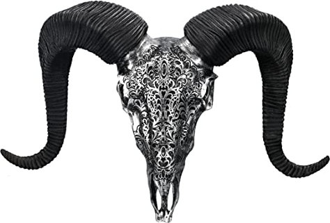 Pacific Giftware Trophäe Wandrelief - Widderschädel 29 cm mit Verzierungen silber Totenkopf mit Hörnern Trophäe | Stier Bulle Kopf Longhorn Schaf