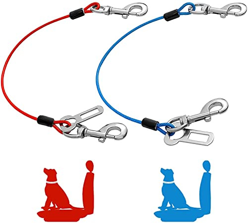 Mi Metty Dog Car Seat Belt, Dog Car Harnesses Chew Proof Steel Rope Cable, Waterproof Dogs Safety Belt, Vehicle Harnesses with Double Clips and Latch Attachment (Red+Blue, 32 inch/80 CM)