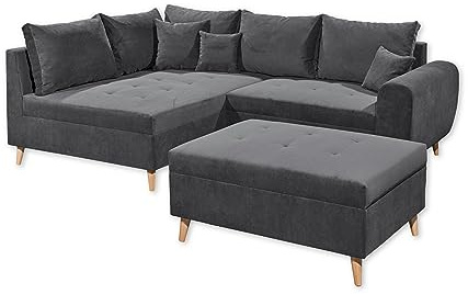 Stella Trading CALANDA Ecksofa mit Hocker, Stoffbezug Anthrazit - Moderne Eckcouch mit Kissen & Massivholz Füßen - 249 x 94 x 175 cm (B/H/T)