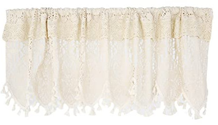GUOCU Häkel Quaste Scheibengardine mit Ausschnitten Landhausstil Halbe Spitze Häkelvorhang Halbtransparent Kurzer Vorhang Solide Café-Vorhänge mit Pom Pom Quaste Dekor BL237