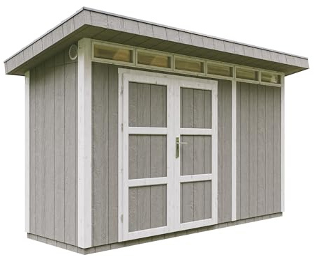 Gartenhaus Premium Qualität 4,3m² - L161xW411cm- All-Inclusive-Set mit Boden, Bitumen-Dachziegeln, Farbset- Hochwertiger Geräteschuppen aus Holzwerkstoffplatten LP Smartside - M902A Tundra Grey