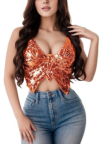 Papillon Top Paillettes Femmes Bretelles Spaghetti Débardeur Sexy Sans Manches Dos Nu Haut Tube Serré Top Fille Festival Tenue Femme Curvy, Orange, Taille Unique