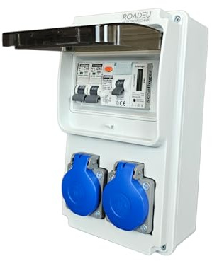 RoadEu - Coffret de chantier 230 V avec compteur, 2 Prises, avec Disjoncteur Différentiel 40 A et 2 disjoncteurs C16A - Répartiteur de courant IP44 idéal pour les ateliers, les garages et les usines