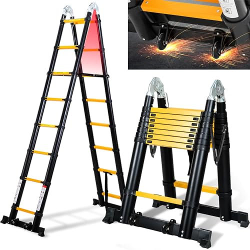 Cecaylie 5M Teleskopleiter A Frame, Aluminium Klappleiter Mit Dreiecksstabilisator und Rädern, Tragbare Teleskop-Ausziehleiter Max Belastung 150 kg (2,5M+2,5M-Schwarz)