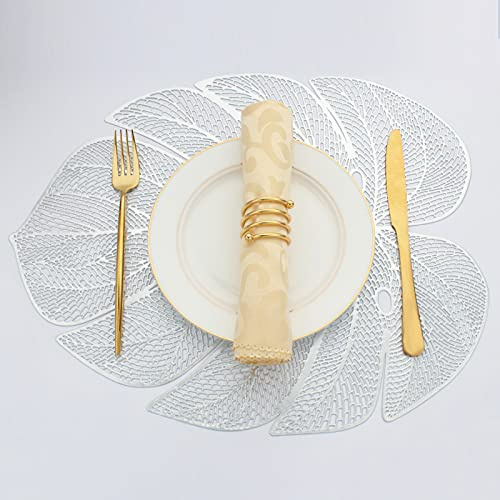 Evevda Silver Leaf Shaped Vinyl Placemats for Dinner Table Set of 8 Metallic Plastic Place Mats Wipeable 8Pcs Table Mats for Wedding Annersary Dinner Table Decoration Mats(17.7x13.8inch/45x35cm)…