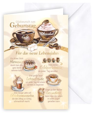 KE - Glückwunsch-Karte zum Geburtstag für Frauen und Männer, mit Umschlag, DIN B6, Geburtstagskarte für Kafffeeliebhaber oder Barrista, Motiv: Kaffee