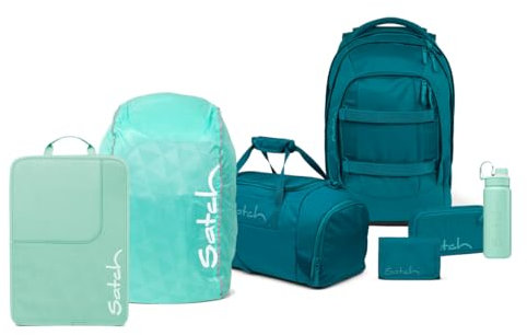 Satch Pack Edition Schulrucksack Set 7tlg. inkl. Schlamperbox, Regencape, Geldbörse, Heftebox, Trinkflasche und Sporttasche (Deep Petrol)