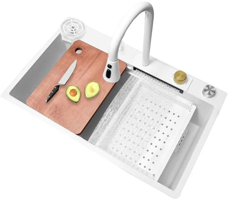 Lavabo Cucina da Incasso, Lavello da Bar in Acciaio Inossidabile a Vasca Singola, Lavabo Della Mano Della Lavanderia con Rubinetto(80X45cm/31.4X17.7in,White)