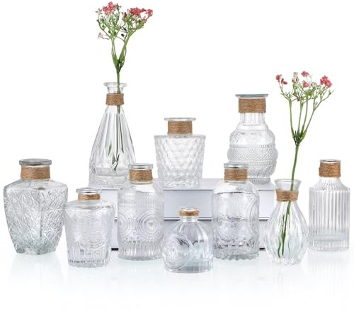BIMUYI Small Embossed Flowers Vases, Bud Decorative Clear Vases with Rope, Mini Glass Diffuser Bottles, Set of 10