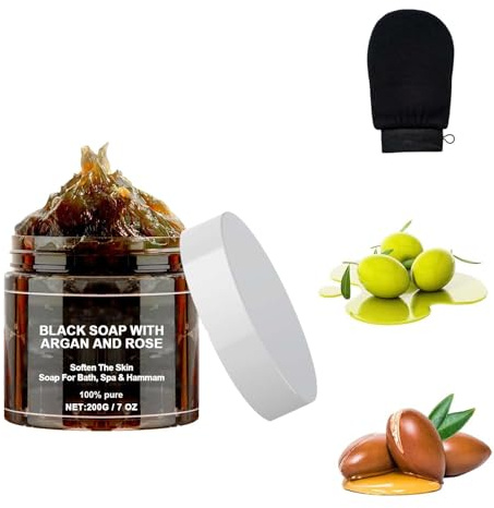 Morocco Black Beldi Soap, Schwarze Seife mit Argan und Rose, Morocco Body Scrub, Moroccan Black Soap mit Handschuh (1 Karton)