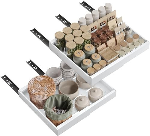 NETEL 2 stück Teleskopschublade,Ausziehbarer Schubladen küche, Einstellbare Breite 32-52cm,Tiefe 42cm mit Kleber,Kein Bohren,für Küche Pantry Organisation,küchenschrank Organizer weiß
