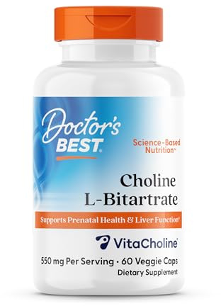 Doctor's Best Choline L-Bitartrate Supplement for Women & Men - Supports Prenatal Health & Liver Function, 550 mg Per 2 Capsule Serving, Vegan, Non-GMO, Gluten Free, Soy Free - 60 Veg Caps