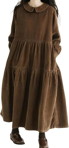 Goolecrimp Abito Autunnale da Donna a Maniche Lunghe Abito da Bambola in Velluto a Coste Vintage Abito Ampio a Strati con Maniche a Palloncino e Volant Abito Lungo a Strati con Tasche (Marrone,XXL)