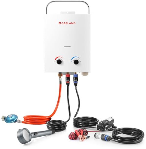GASLAND AS132 Pro-DE - Scaldabagno portatile a gas, 50 mbar (butano o propano) scaldabagno a gas 5 l GPL, con pompa dell'acqua e filtro tubolare per camper, campeggio, doccia, lavaggio cavallo