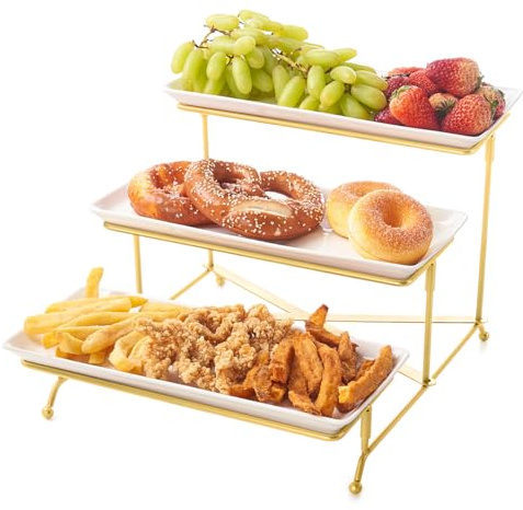 Fiita 3 Tier Serving Tray for Party Supplies, 12 Inch Ceramic with Golden Metal Dessert & Cake Presentation Stand for Buffets, Snack, Veggie, Fruit, Cookies, Dessert, Dishes