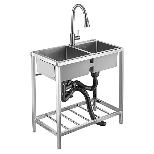 GODFSAHG Lavello da Cucina Indipendente, lavello a Doppia Vasca in Acciaio Inossidabile, lavello da Giardino Esterno, Acciaio Inossidabile, Resistente all'Usura e ai Graffi, con Rubinetto e