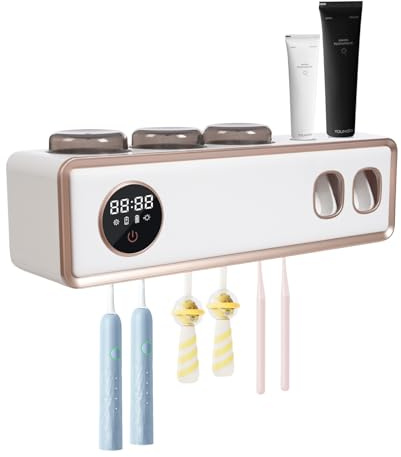 Susoso UV Desinfektions Zahnbürstenhalter, Wandmontage Toothbrush Holder mit Zahnpasta-Ausdrücker und LED-Anzeige Badezimmer Organizer Geringer Stromverbrauch für Bad Weiß