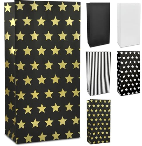 Frau WUNDERVoll® 24 Papiertüten mit Boden, schwarz matt goldene (metallic) Sterne, 12x7x24cm / Blockbodenbeutel Tüte Papierbeutel Geschenktüte Geschenkbeutel Gastgeschenk Hochzeit Falttasche