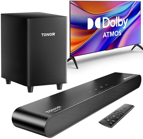 TONOR Soundbar per Smart TV con Dolby Atmos, Soundbar 2.1 con Bassi Profondi per TV/PC/telefono,Bluetooth 5.3,Tecnologia DSP, 3 Modalità,Sistema Audio per Home Theater Compatibile con HDMI/Opt/AUX/USB