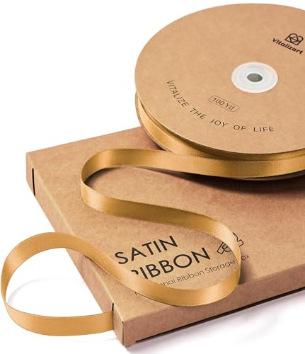 Vitalizart 0,95 cm x 91 m Gold Satinband für Geschenkverpackung & Basteln | Doppelseitiges Geschenkband für Geburtstag, Hochzeiten, Blumensträuße & Dekorationen, Dünnes Stoffband mit Aufbewahrungsbox