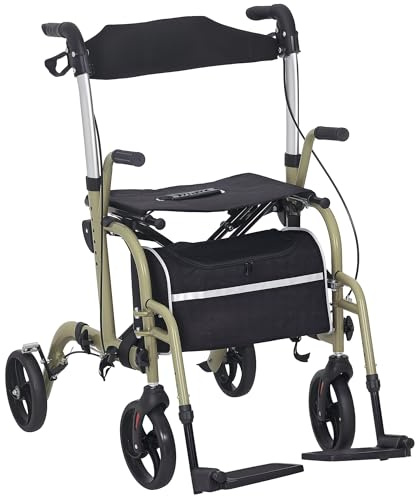 HOMCOM höhenverstellbarer faltbarer Rollator, Rollator für ältere Menschen, 4 Räder mit Doppelbremsen und Aufbewahrungstasche, Aluminium Rollator für ältere und behinderte Menschen, gelb und grün