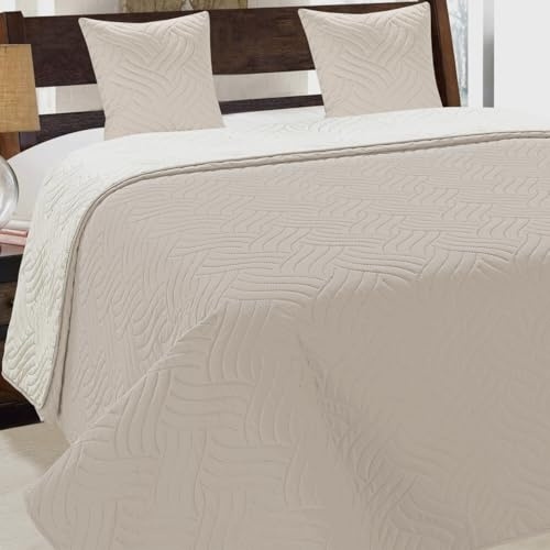 Euromat Tagesdecke Steppdecke Bettüberwurf Gesteppte Zweiseitig Tagesdecke mit 2 Kissenbezüge 40x40 cm- (Beige Ecru- 011, 180x220 cm)