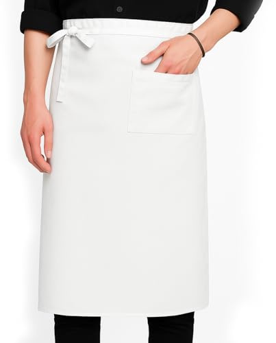 MBAIYO Vorbinder Schürze mit Tasche, Verstellbare Lang Vorbinder 68x70cm Kochschürze Halbe Kellnerschürze Arbeit Taillenschürze Weiß für Männer Damen Herren Küche Restaurant Bistro Florist Cafe