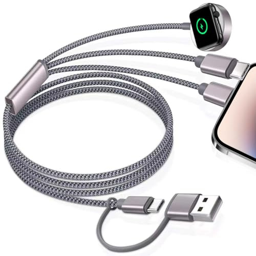 3 in 2 USB C Kabel für Apple Watch-Ladegerät, Multi-Ladegerät, iPhone-Schnellladekabel, 120cm USB+C-Ladekabel, Kompatibel mit iWatch Ultra/SE/10-1, iPhone 16/15/14/13/12/11, Galaxy S24/S23 usw