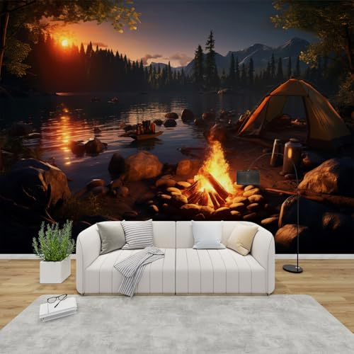 PaxGloz Fototapete Camping Tapete Wald Berge Tapeten Vliestapete Modern Wandtapete Wohnzimmer Schlafzimmer Kinderzimmer Wanddeko Motivtapeten 250 x 175 cm (B x H)