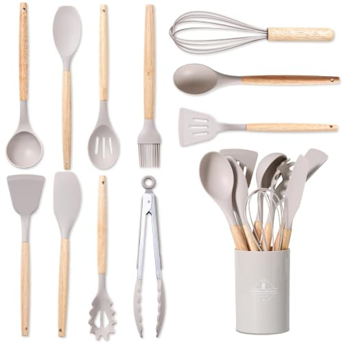 YIYIZI 12 piezas de utensilios de cocina profesionales de silicona con asas de madera - Resistente al calor hasta 230 °C, revestimiento antiadherente, seguro para todo tipo de utensilios de cocina (12