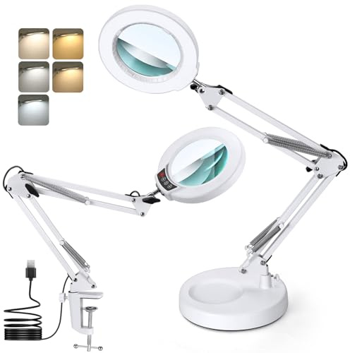 MagnieOpti 12X Lupe mit Licht und Ständer, Echter Glaslinse 2-in-1 Lupenlampe und Klemme, LED Beleuchtete Lupe mit Stufenlosem Dimmen, Hände Frei Leselupe für Senioren, Lesen, Basteln, Nähen - Weiß