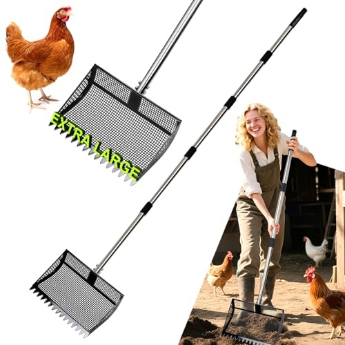 XOTTI 30,5 cm große Hühnerkotschaufel & Rechen 2-in-1, Metall-Hühnerstallschaufel mit 91,4 bis 190,5 cm verstellbarem Edelstahlgriff, langlebige Sandstreu-Siebschaufel für Bauernhoftiere