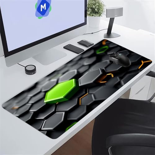 Tapis de Souris Gaming Géométrique Vert Noir XXL Mouse Pad, Grand Tapis Bureau avec Base Anti-Dérapage, Extended Long Clavier Pad Large Mousepad pour PC Gamer et Le Bureau 800x400x2 mm