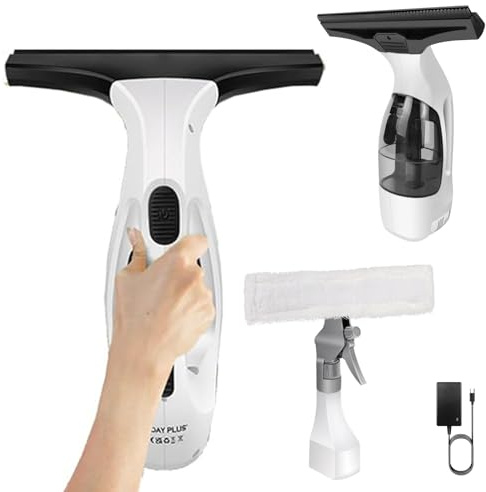 Cordless Window Vac Cleaner & Spray Bottle with Microfibre Cloth, 2000pa Powerful 3.8V Electric Window Vacuum Cleaner with Battery,150ml Water Tank, Window Cleaning Machine for Glass, Tiles, Mirrors