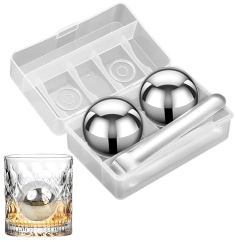Reusable Whiskey Ice Cubes - Stainless Steel Spheres, Large Cooling Stones | 2 Pieces 55mm Metal Ice Balls with Box, Elegant Drink Solution for Drinks Beer Vodka Candy Camping Food
