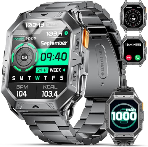 Herren Smartwatch mit 1000 mAh 50 Tage Batteria 2,13 Zoll AMOLED Display 10 ATM Wasserdicht Bluetooth Anruf Kompass Podómetro Herzfrequenz 100+ Sportmodi Android iOS Smartwatch Herren
