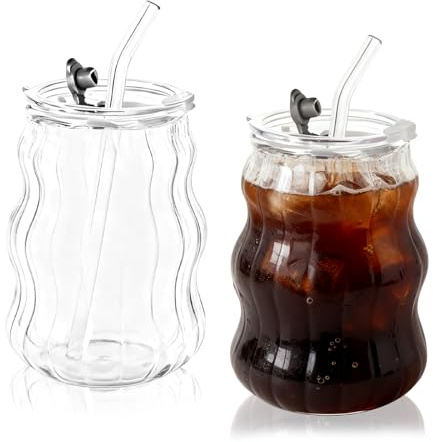Haayymo Bicchieri a coste con coperchio, 530 ml, bicchieri da caffè freddo, bicchieri da acqua, bicchieri da long drink, bicchieri per cocktail, acqua, soda (2 con coperchio)