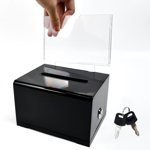 Acrylic Donation Box with Lock, Black Suggestion Ballot Boxes with Slot | Cardboard Ballot Boxes Charity Collection Box Money Storage Container for Donation Comment Collection 16 x 11.5 x 10cm